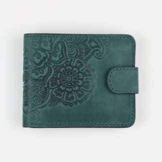 Гаманець темно-зелений  складений, з тисненням (Квіти)