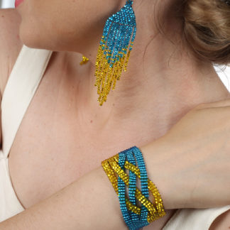 Браслет+сережки з бісеру, синьо-жовті